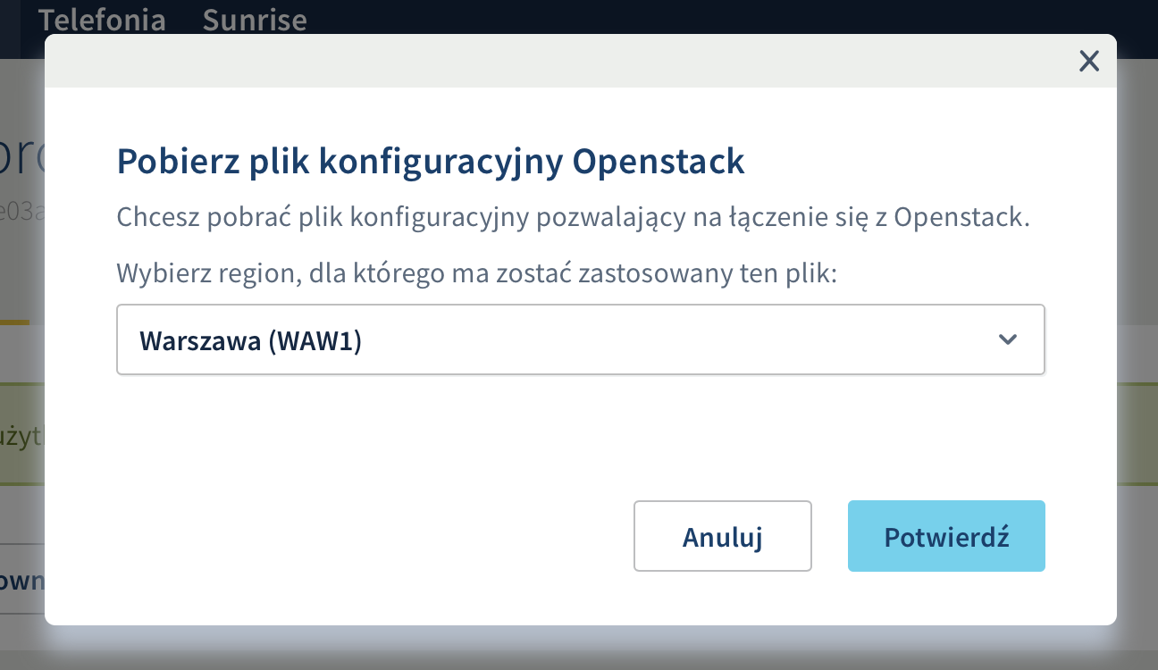 Pobranie konfiguracji dostępu do OpenStack API